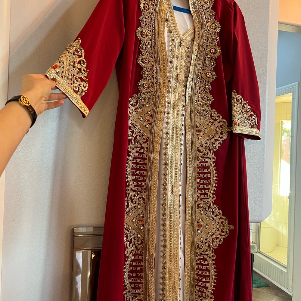 Elegant Red and Gold Embroidered Women's Coat